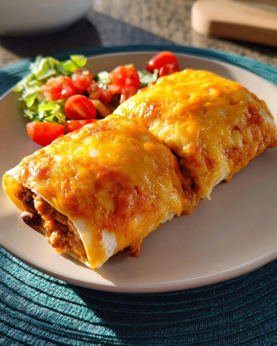 Two baked burritos covered in melted cheddar cheese served with a side salad, highlighting an easy dinner recipes option.