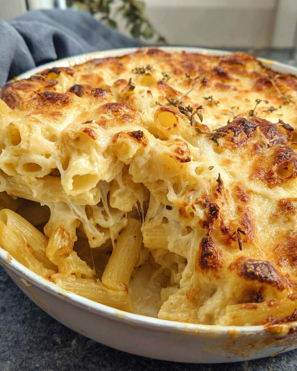 Close-up of a creamy, baked pasta casserole with melted, browned cheese and visible cheese pulls, a great option for pasta recipes.