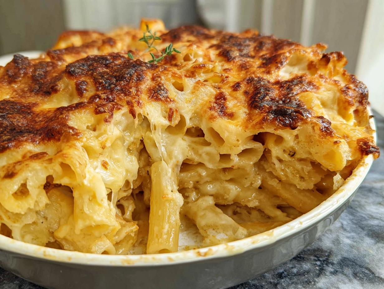 Close-up of a baked, cheesy pasta casserole with a browned crust, showing gooey cheese pull. Perfect for pasta recipes cravings.