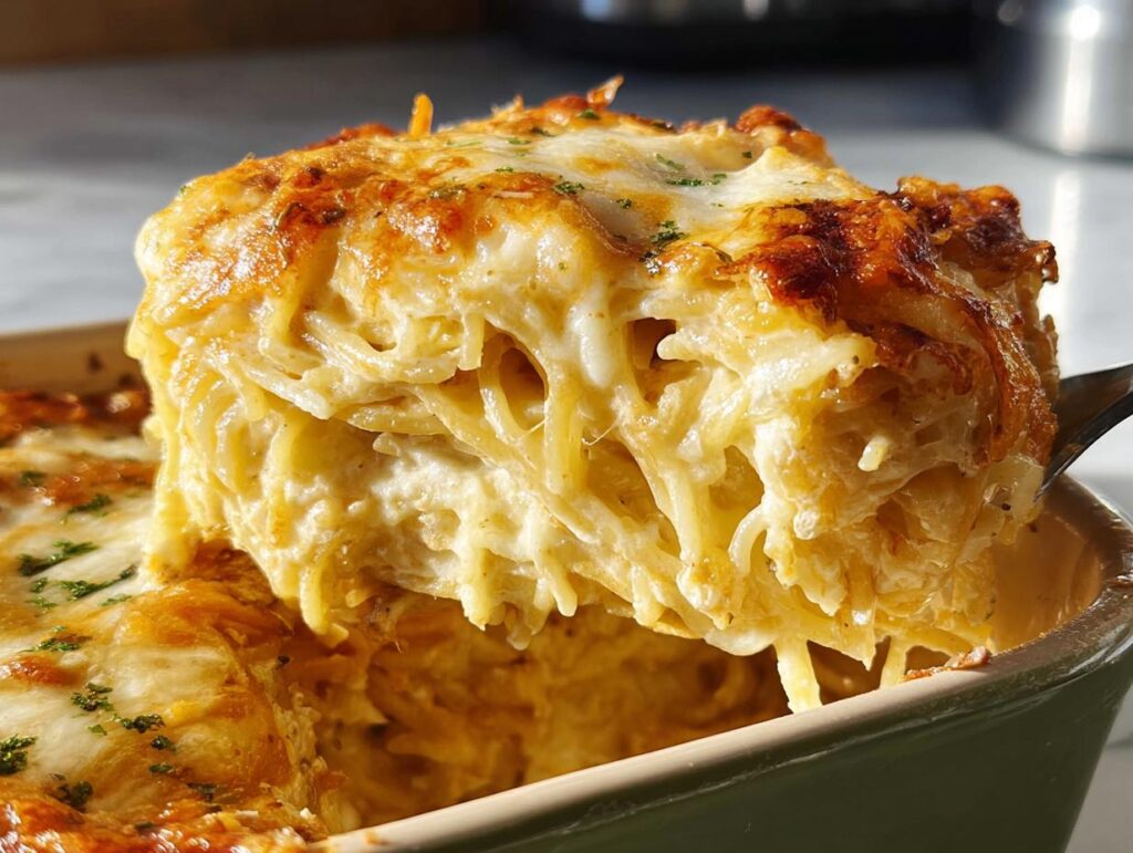 A spoonful of creamy, cheesy baked pasta recipe being lifted from a casserole dish, showing a golden-brown crust.