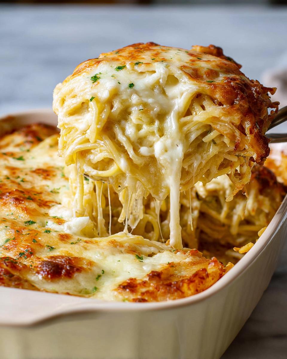A serving spoon lifts a portion of cheesy baked spaghetti from a casserole dish, showing long cheese pulls. This is one of The Only Pasta Recipes Recipe You’ll Need.