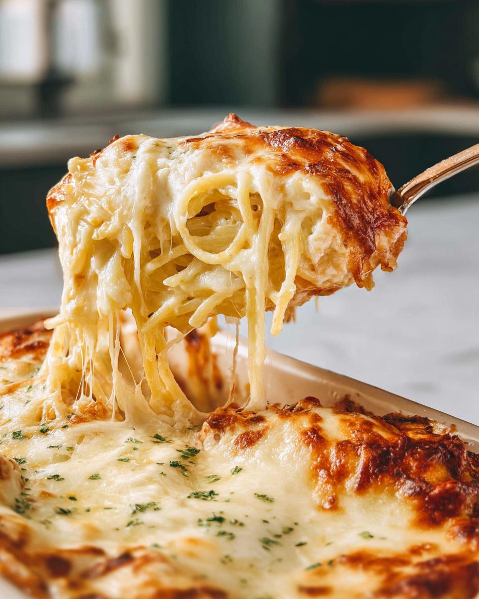 A serving of cheesy baked spaghetti being lifted from a casserole dish, showing extreme cheese pull. This is one of The Only Pasta Recipes Recipe You’ll Need.