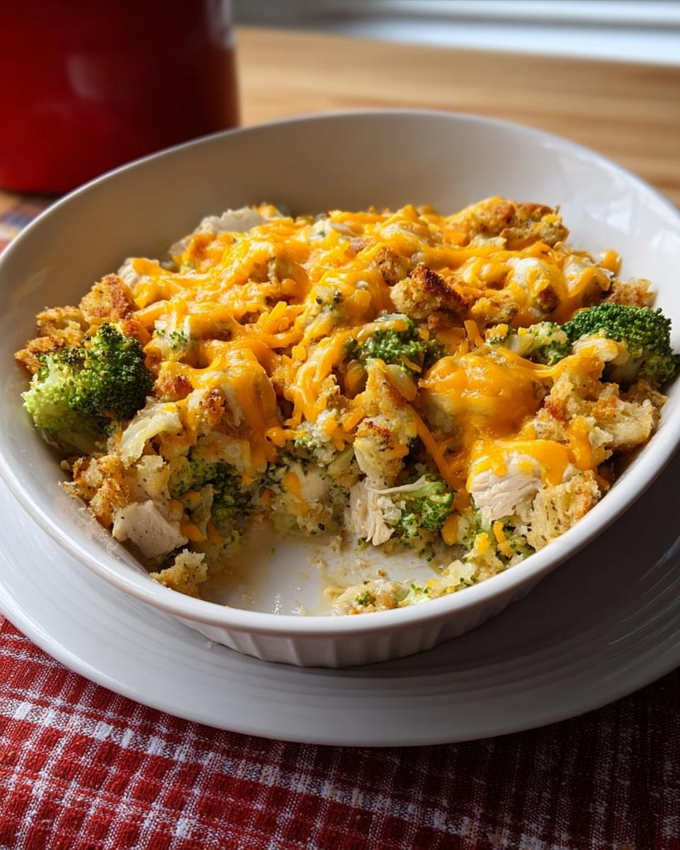 A serving of cheesy chicken and broccoli casserole with stuffing topping in a white bowl.