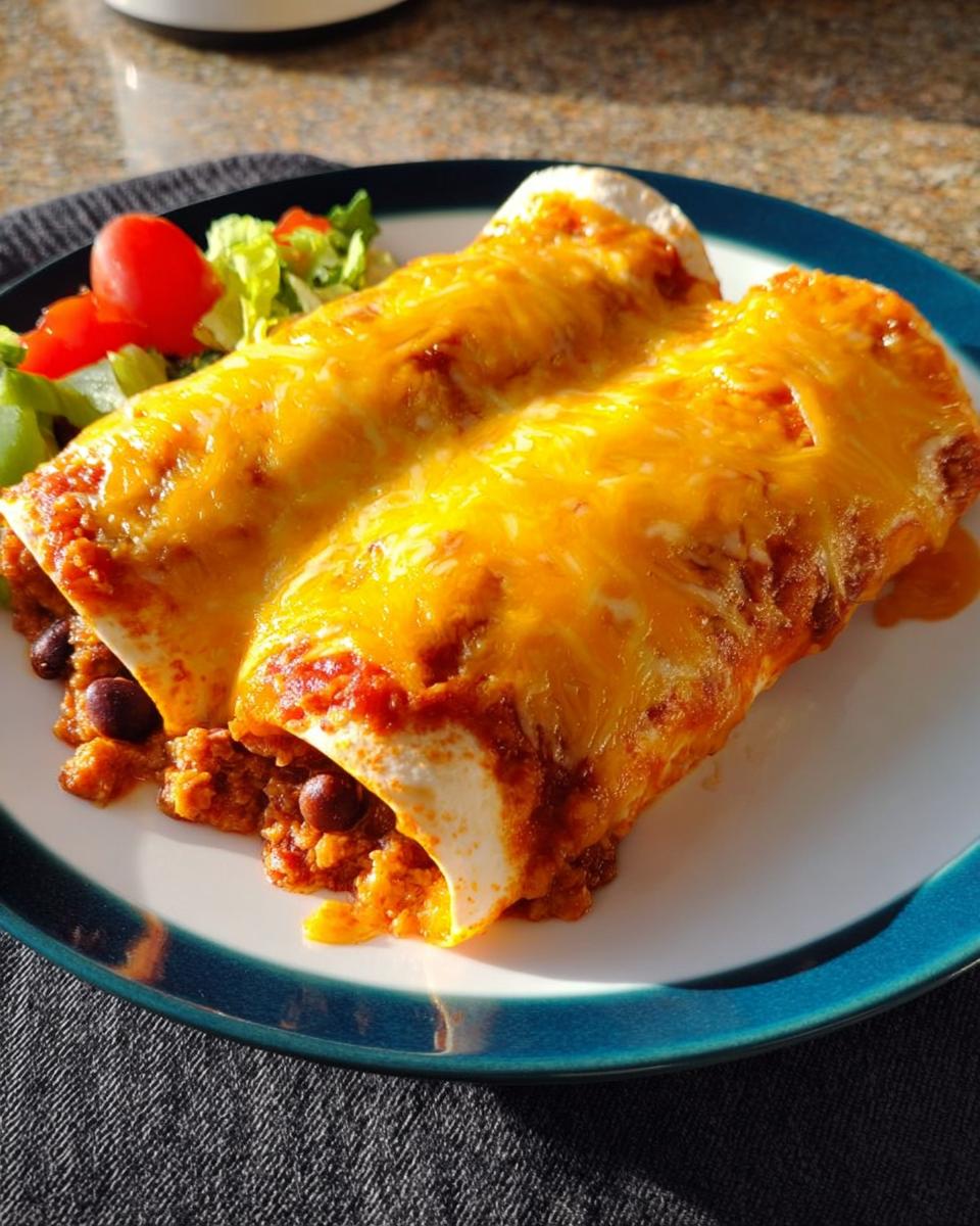 Two cheesy enchiladas covered in melted cheddar cheese served with a side salad, highlighting an easy dinner recipe.