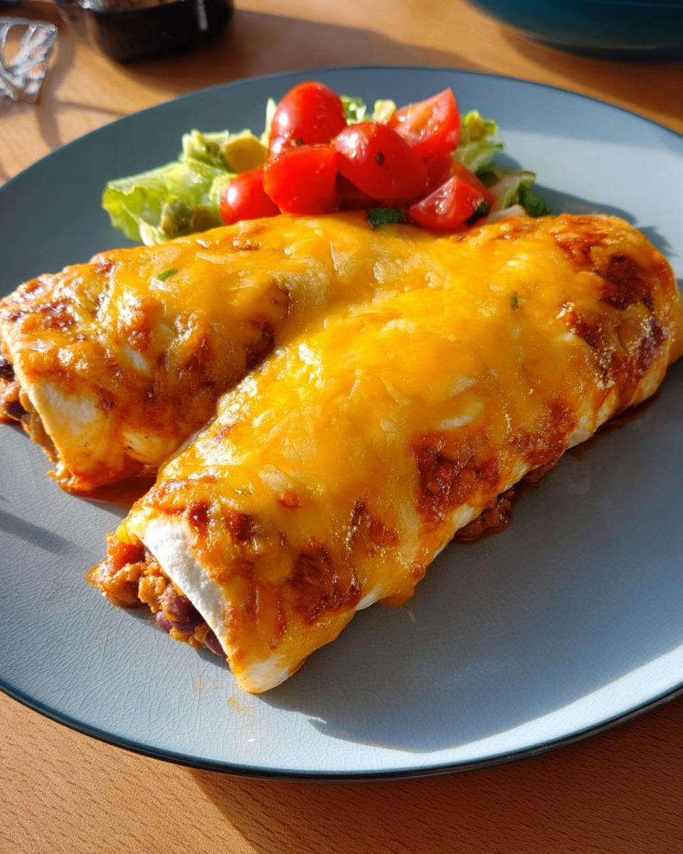 Two cheesy enchiladas covered in melted cheddar sauce, served with a side salad of lettuce and cherry tomatoes.