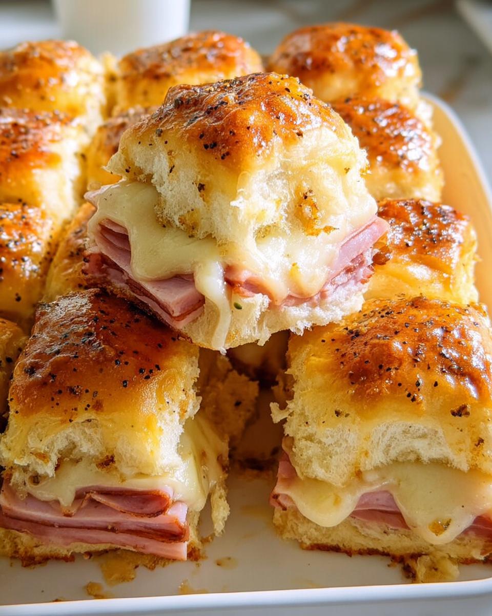 Close-up of cheesy ham sliders with glossy, seasoned tops, perfect for busy weeknights.