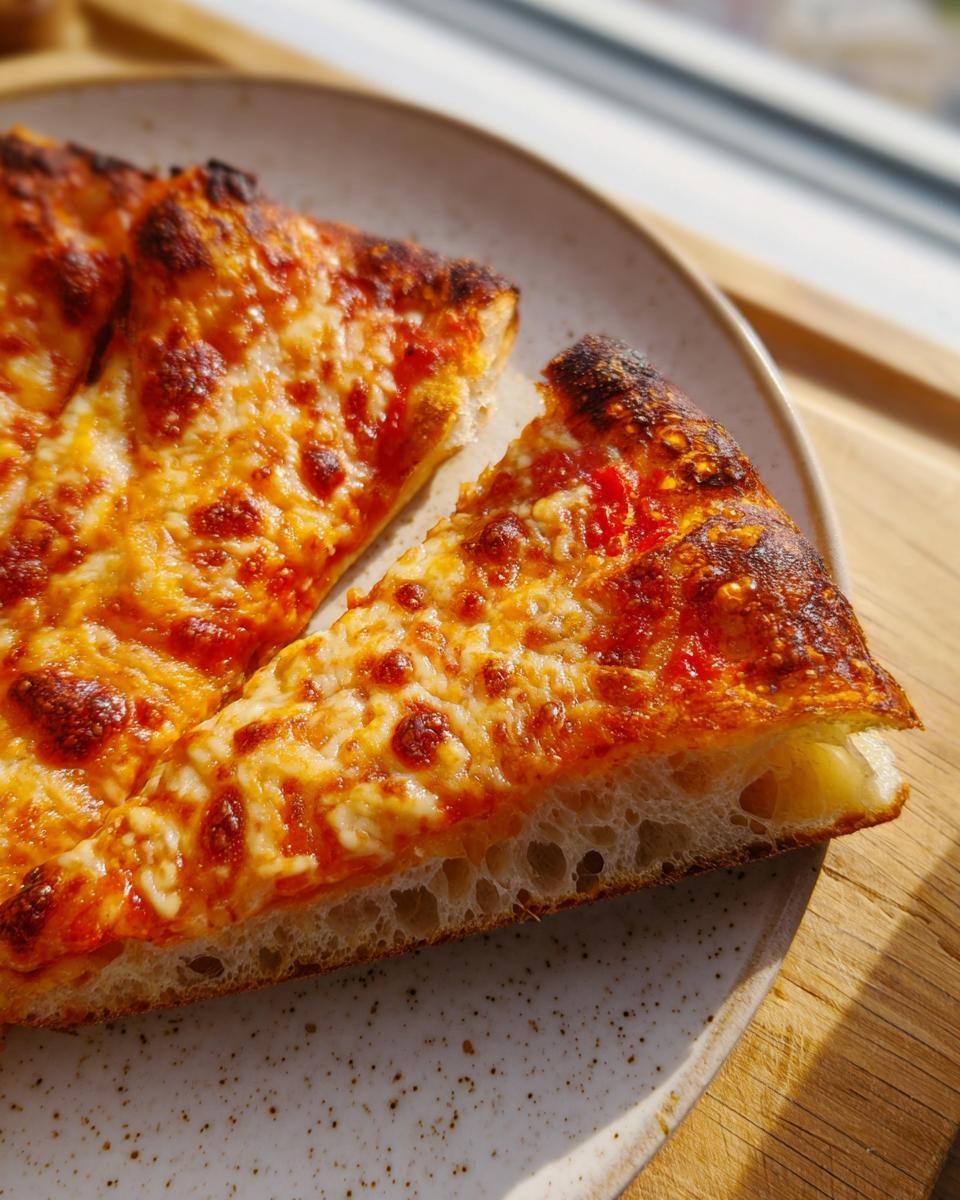 Close-up of two slices of classic cheese pizza showing bubbly, browned mozzarella and an airy crust, perfect for Pizza Night Recipes.