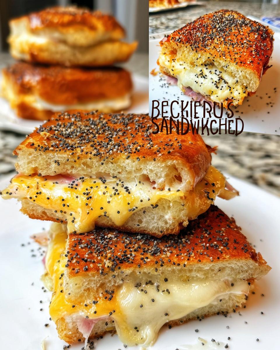 Close-up of a gooey ham and cheese sandwich cut in half, featuring a poppy seed-crusted top, perfect for sandwich ideas recipes.