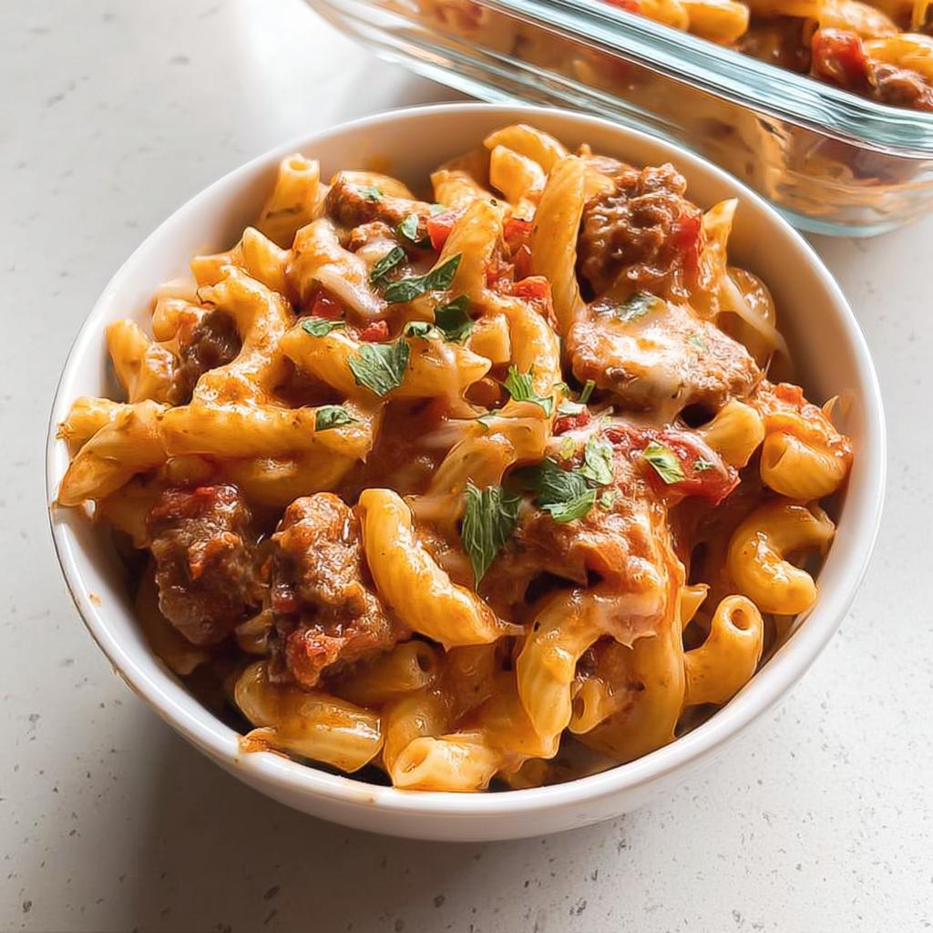 A bowl of creamy, cheesy pasta with sausage and tomato sauce, perfect for Pasta Recipes Meal Prep.
