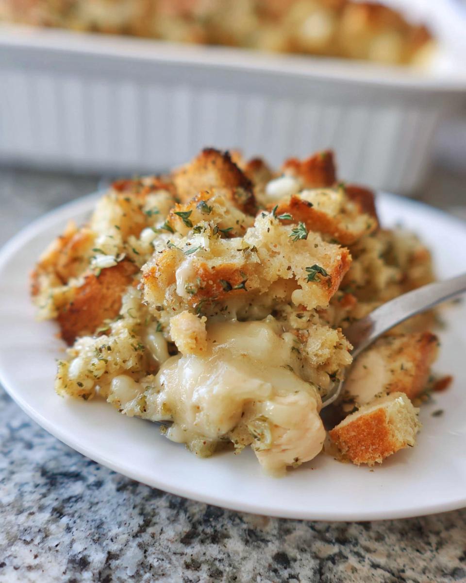 Close-up of a scoop of cheesy, herbed stuffing recipe being lifted with a spoon from a white plate.