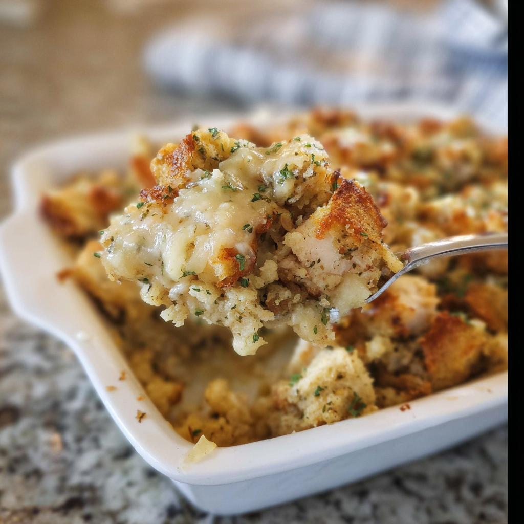 A spoonful of cheesy, baked stuffing recipes lifted from a white casserole dish.