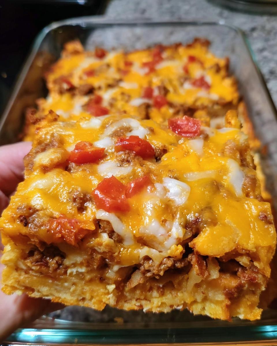 A hand holding a thick slice of cheesy taco casserole topped with melted cheddar and diced tomatoes.