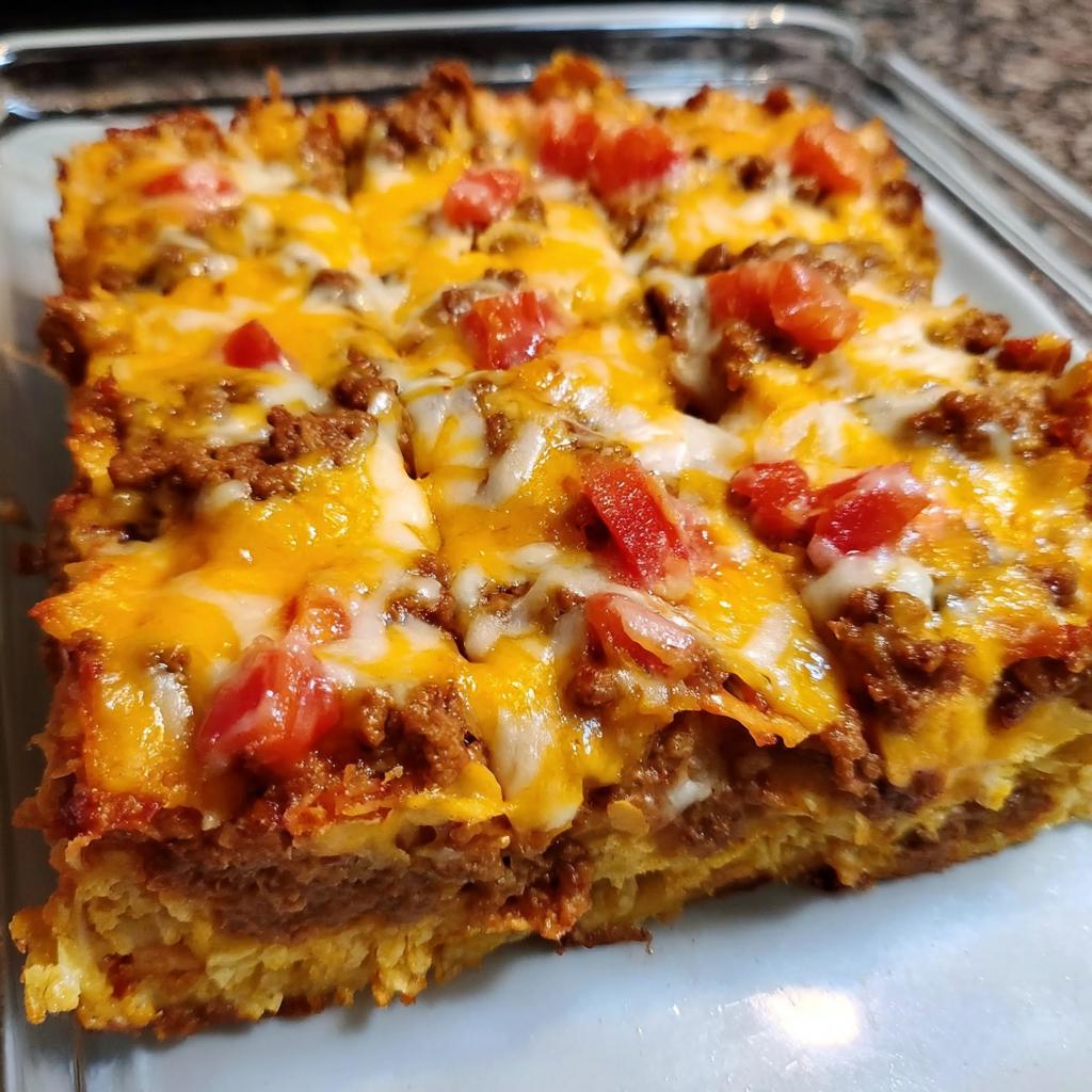 Close-up of a cheesy, layered Taco Tuesday Recipes casserole topped with seasoned ground beef and diced tomatoes.