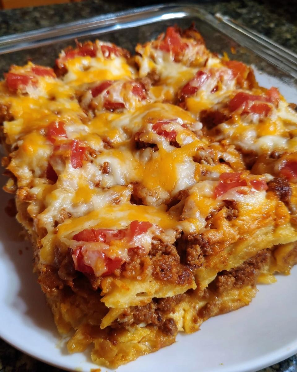 A close-up of a cheesy, layered taco casserole slice topped with melted cheddar, Monterey Jack, and diced tomatoes, perfect for Taco Tuesday recipes.