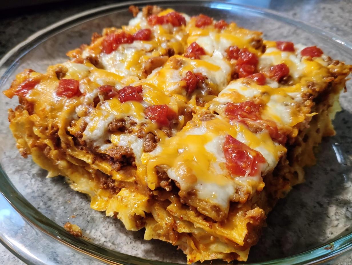 A close-up of a cheesy, layered taco casserole topped with melted cheese and diced tomatoes, perfect for Taco Tuesday recipes.