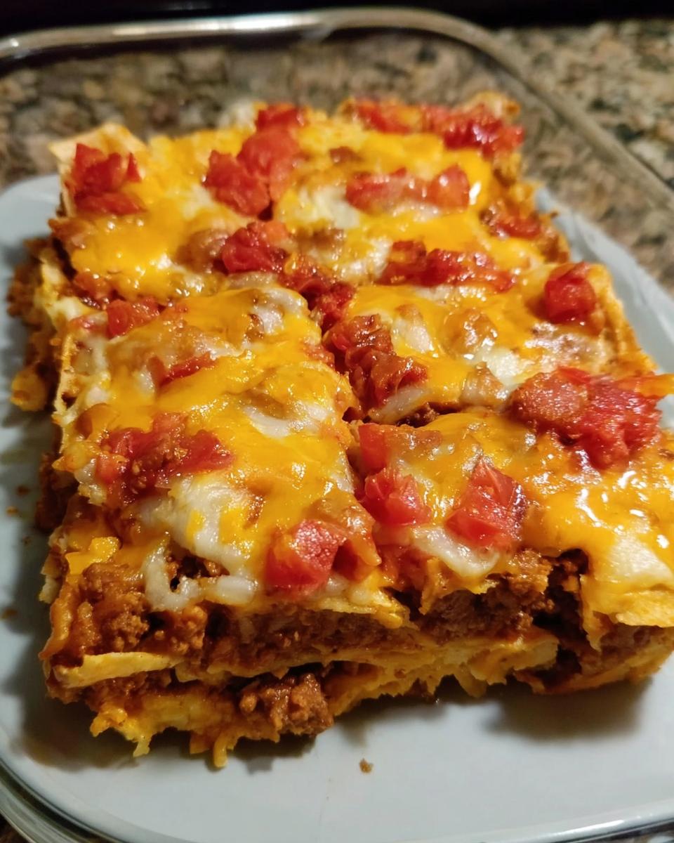 Close-up of cheesy, layered taco casserole squares topped with diced tomatoes, perfect for Taco Tuesday Recipes.