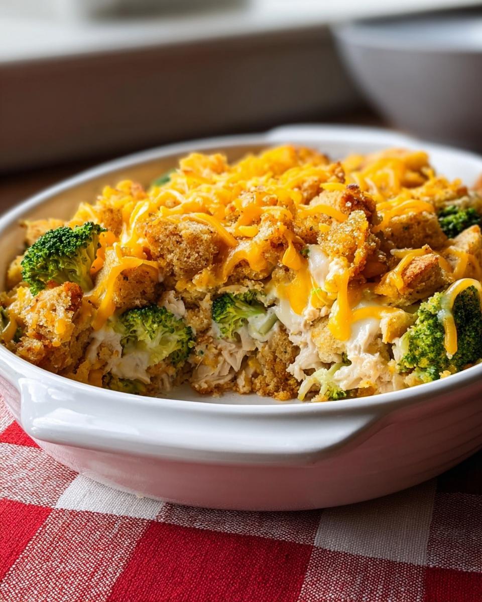 A creamy chicken and broccoli casserole topped with stuffing and melted cheddar cheese, a great chicken recipe.