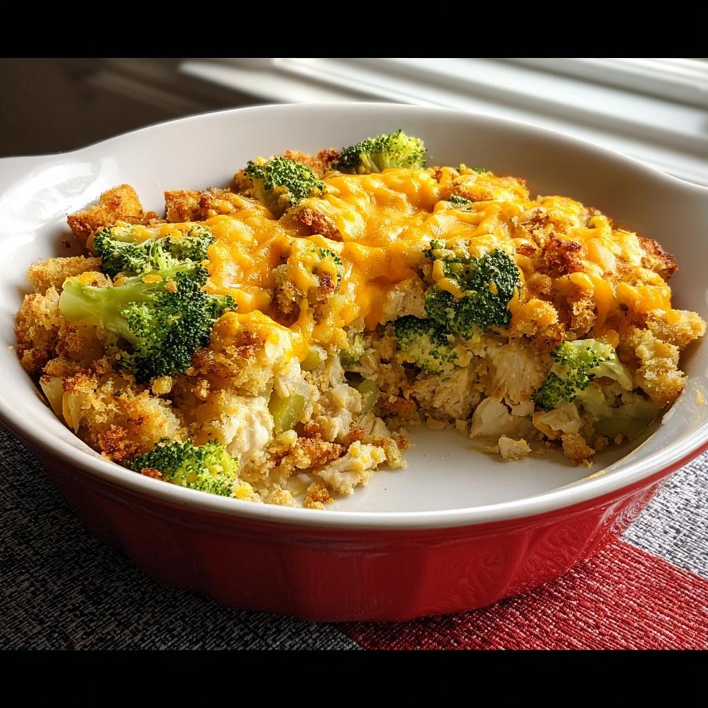 A scoop removed from a chicken and broccoli casserole topped with melted cheddar cheese and stuffing in a red baking dish.