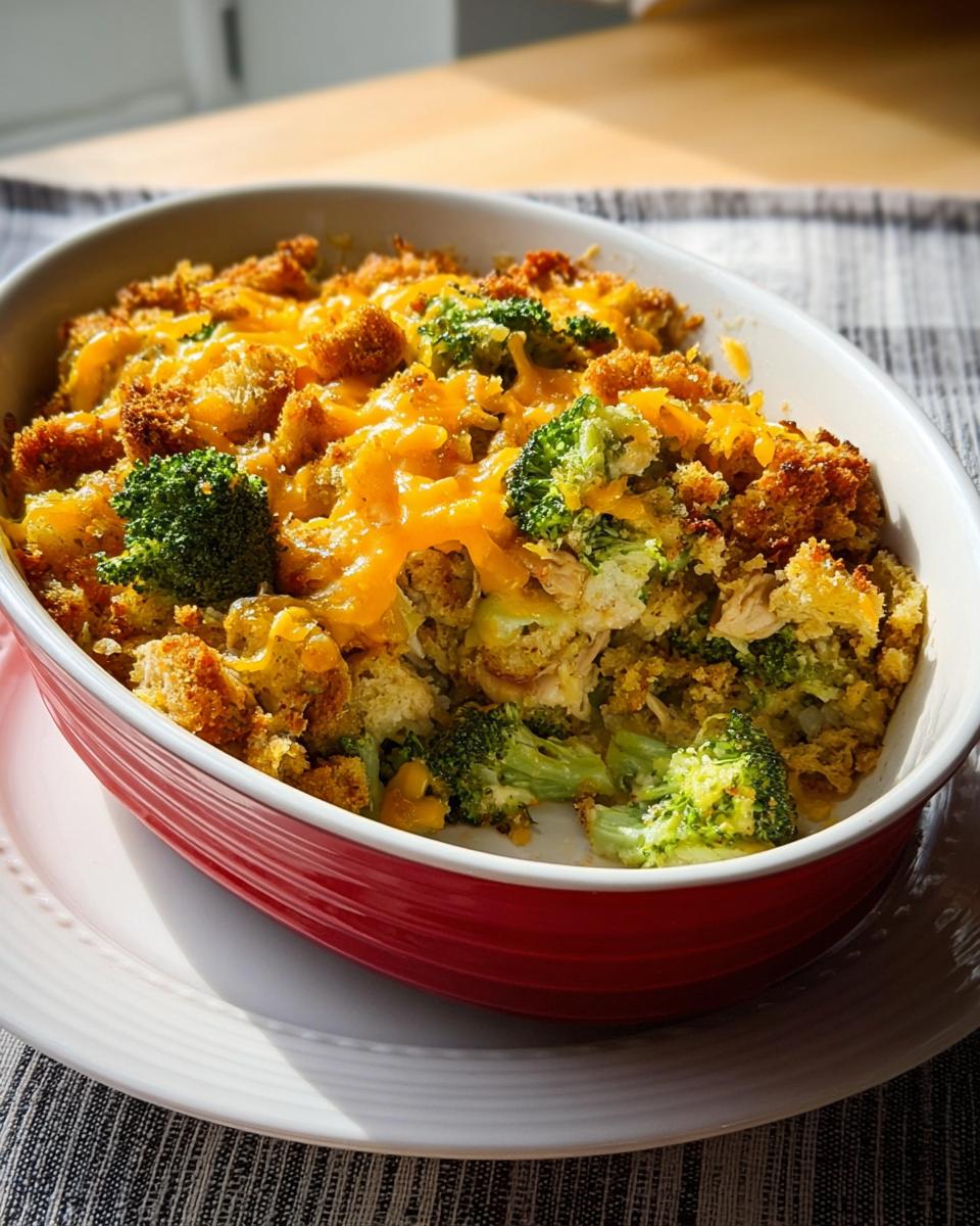 A baked chicken and broccoli casserole topped with melted cheddar cheese and crunchy stuffing in a red baking dish.