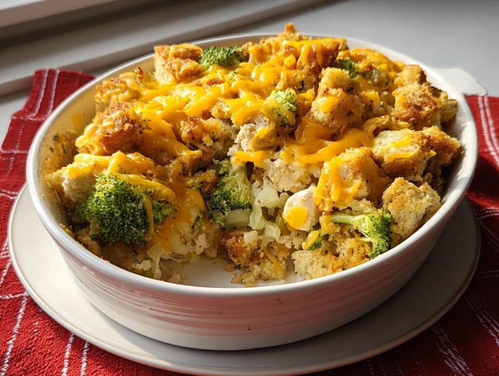 A baked chicken recipes casserole with broccoli florets, stuffing topping, and melted cheddar cheese in a white dish.