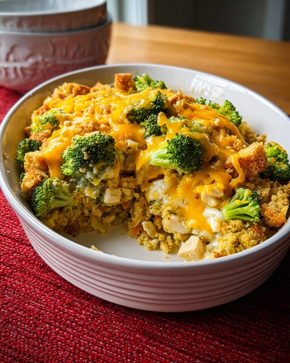 A baked chicken and broccoli casserole topped with melted cheddar cheese and croutons, illustrating great chicken recipes.