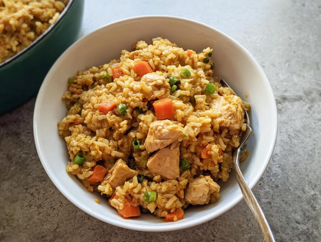 A close-up of a white bowl filled with flavorful chicken fried rice, part of our Rice Bowls Recipes in 12 Minutes.