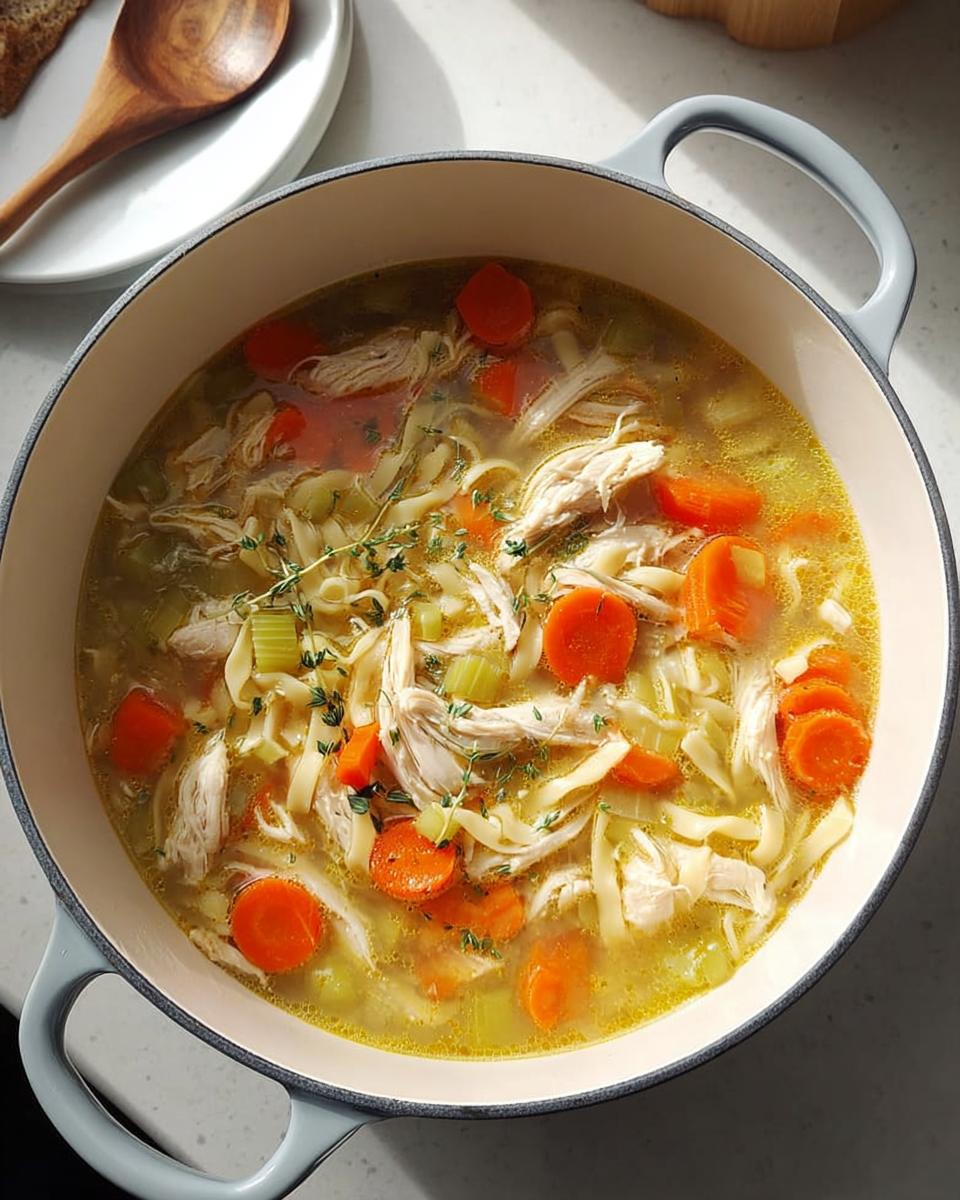 A pot of homemade chicken noodle soup with shredded chicken, sliced carrots, and herbs, perfect for soup recipes.