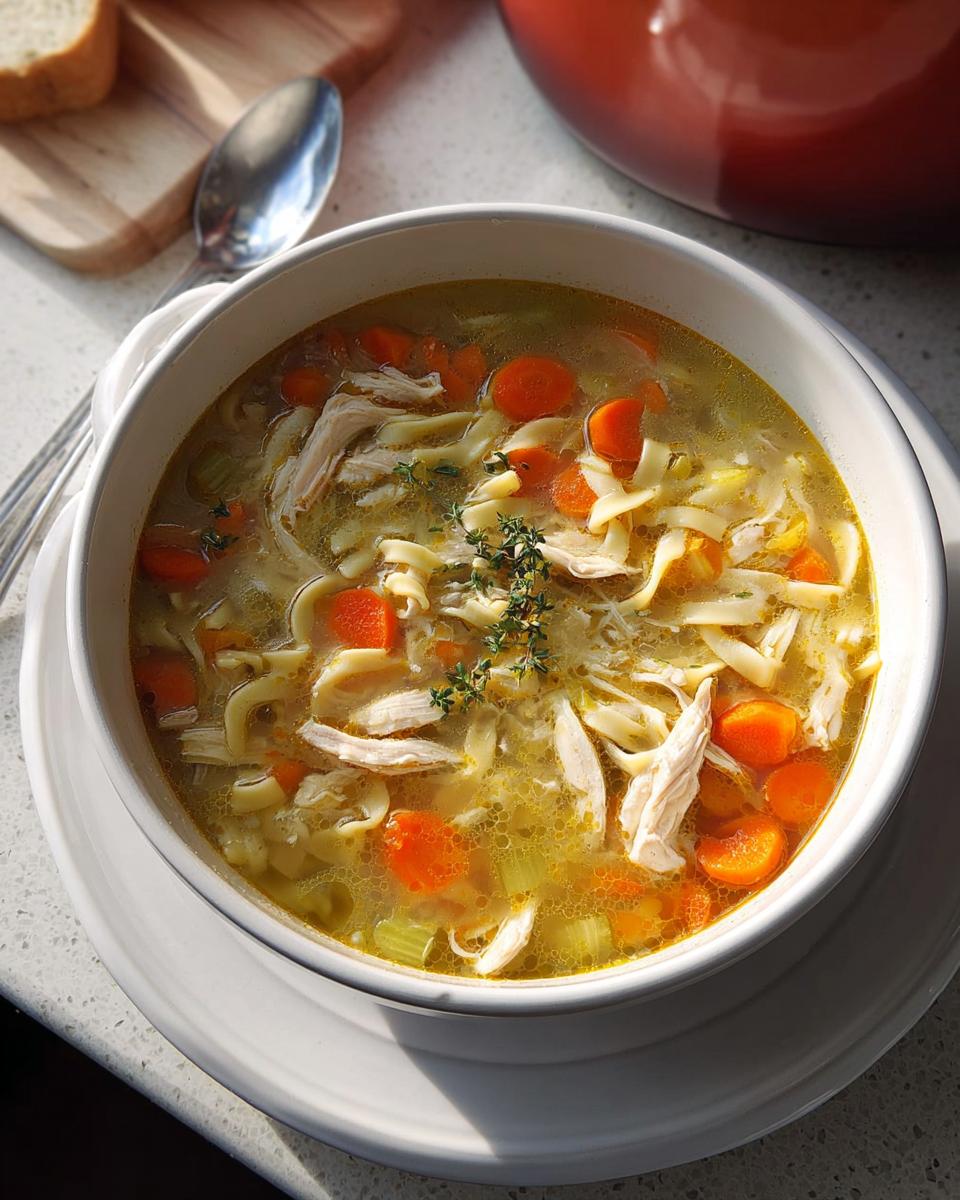 A steaming bowl of classic chicken noodle soup with shredded chicken, bright orange carrots, and egg noodles, a perfect example of comfort soup recipes.
