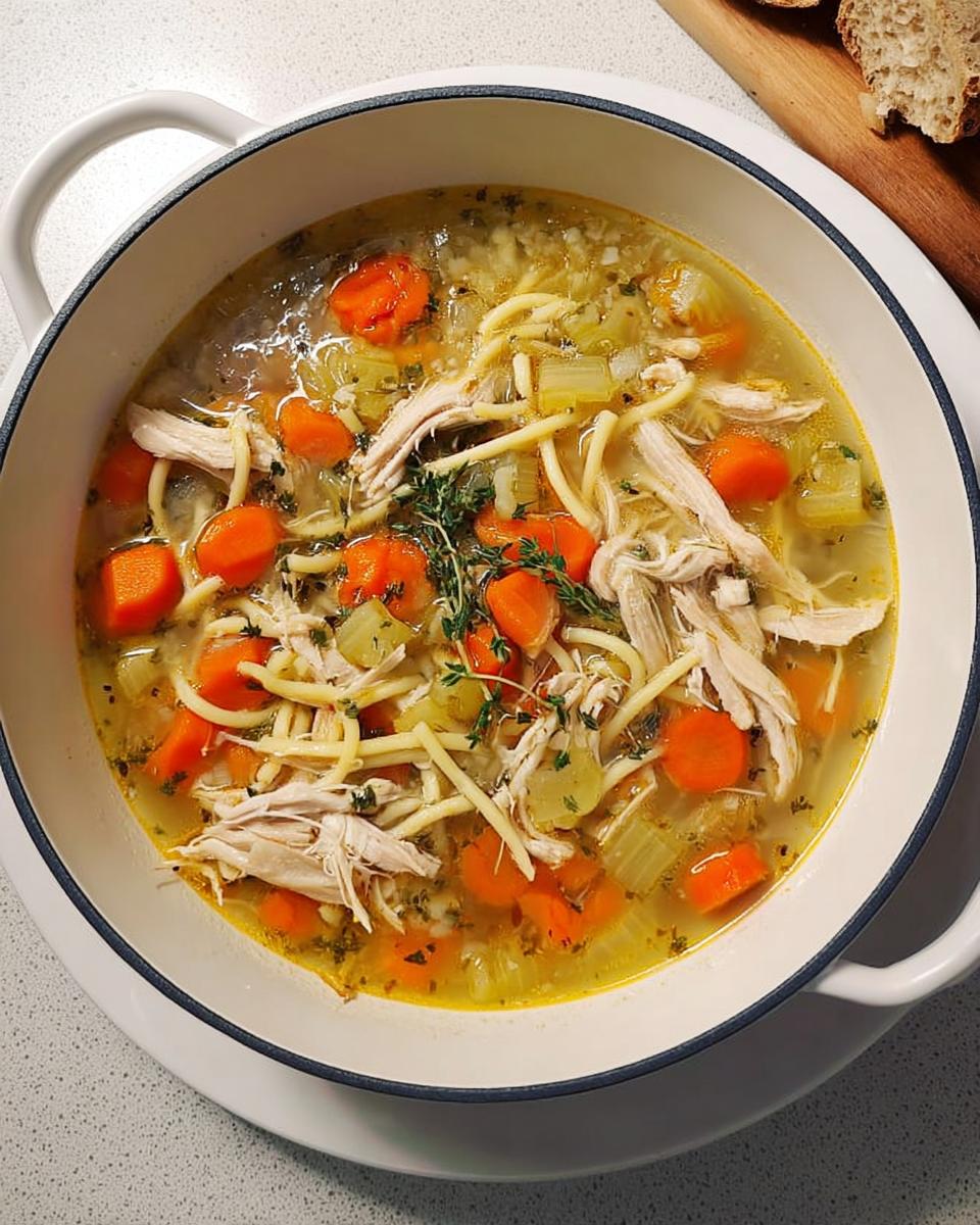 A comforting bowl of classic chicken noodle soup with shredded chicken, carrots, celery, and egg noodles.