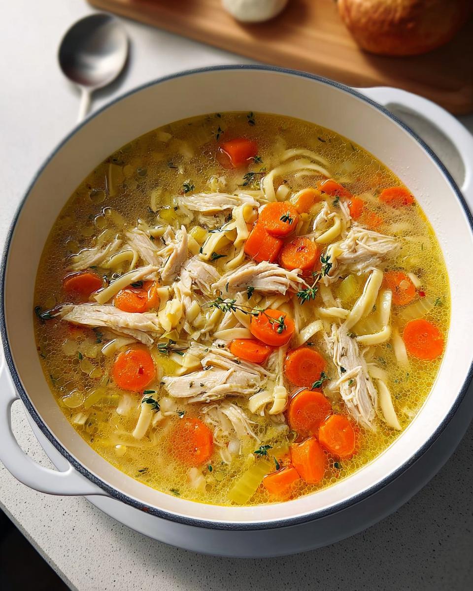 Close-up of homemade chicken noodle soup with shredded chicken, bright orange carrots, and herbs in a white Dutch oven.