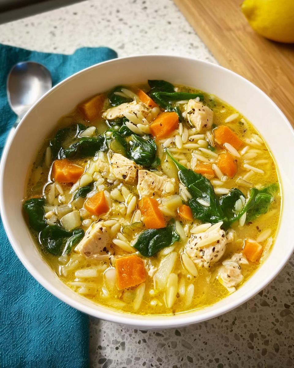 A bowl of vibrant chicken orzo soup with carrots and spinach, perfect for Restaurant-Style Soup Recipes at Home.