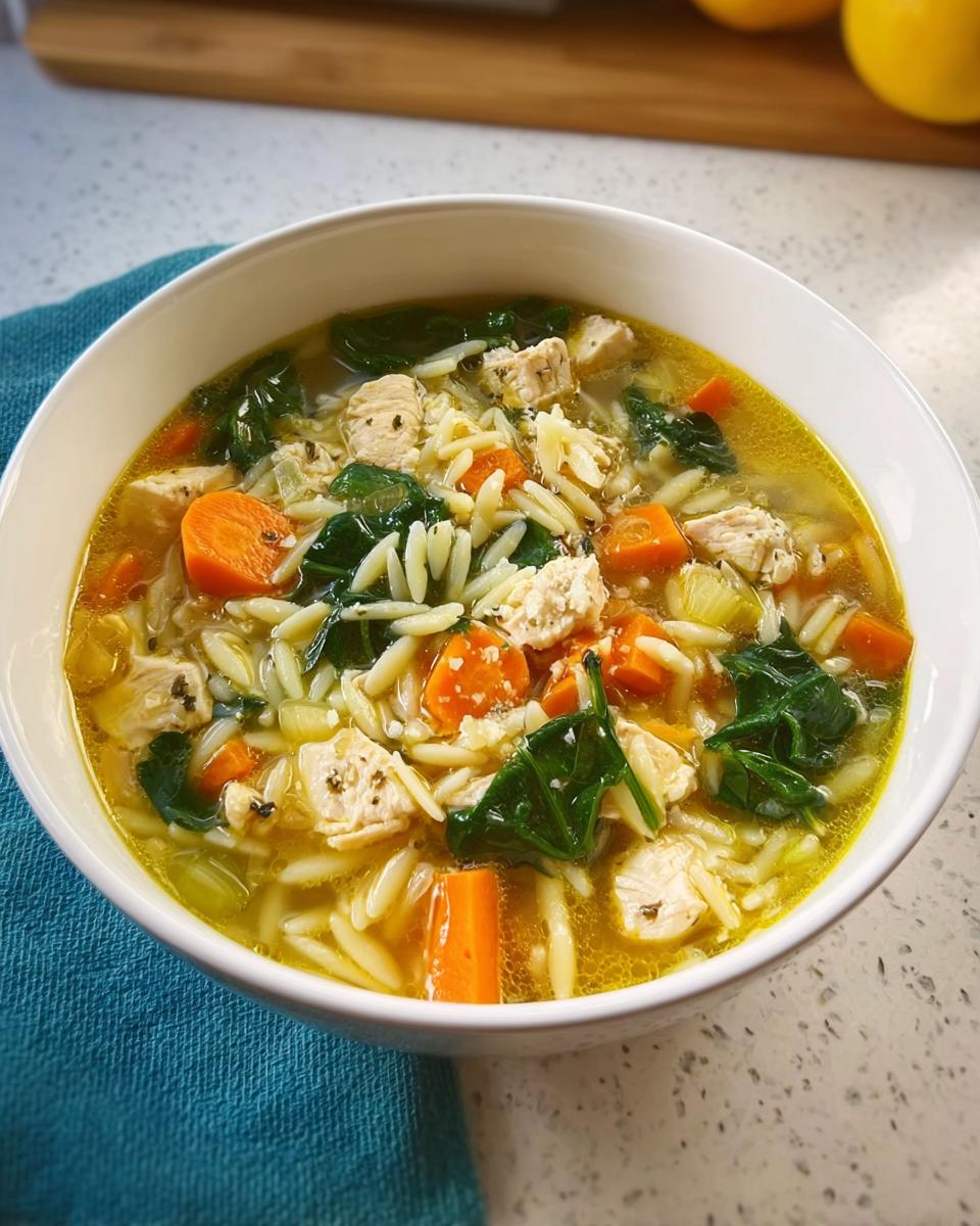 A close-up of a hearty bowl of chicken orzo soup with carrots and spinach, perfect for Restaurant-Style Soup Recipes at Home.