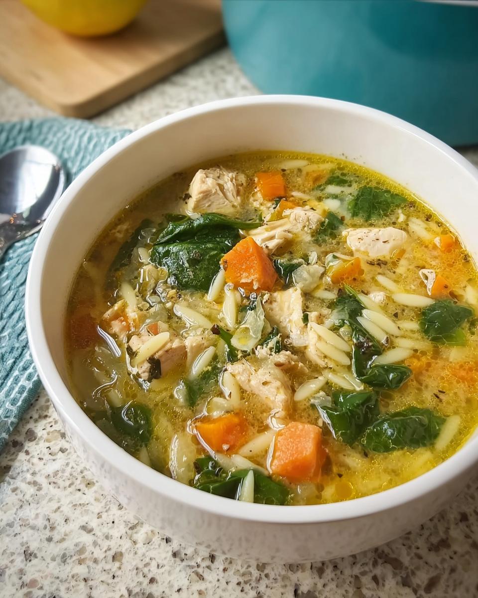 Close-up of a hearty bowl of chicken orzo soup with spinach and carrots, perfect for Restaurant-Style Soup Recipes at Home.