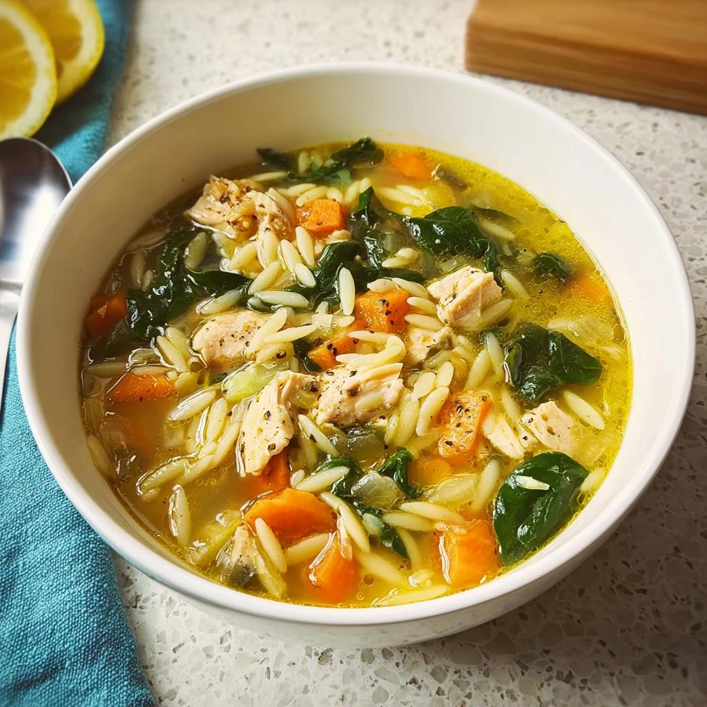 A bowl of vibrant chicken orzo soup with carrots and spinach, perfect for Restaurant-Style Soup Recipes at Home.