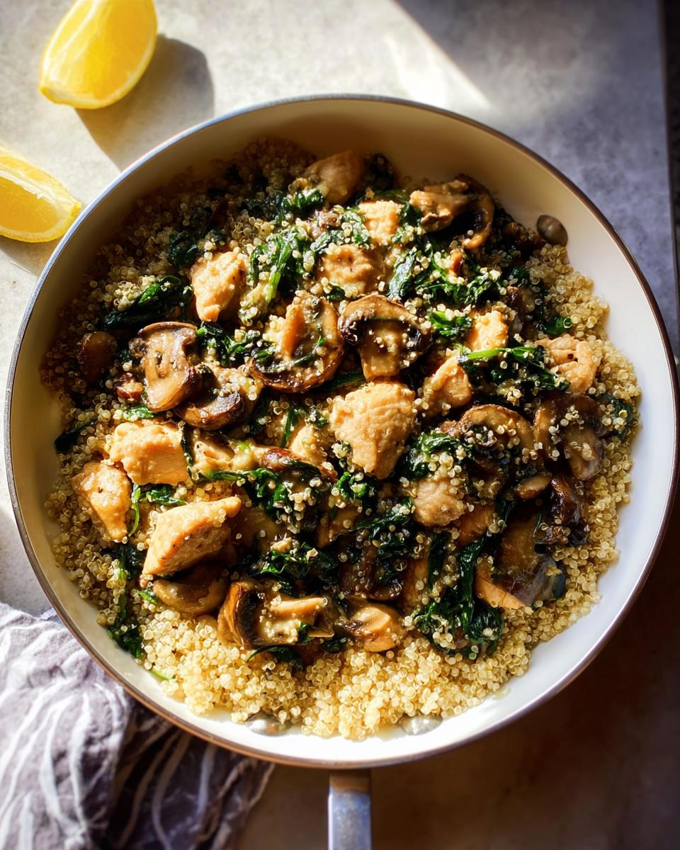 One-pan chicken recipe with sautéed mushrooms, spinach, and quinoa, served with lemon wedges.