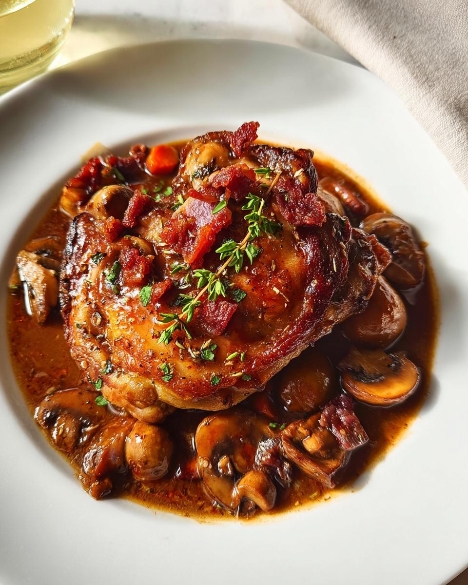 A perfectly cooked chicken piece served in a rich brown sauce with mushrooms, bacon bits, and thyme garnish, part of our favorite Chicken Recipes.