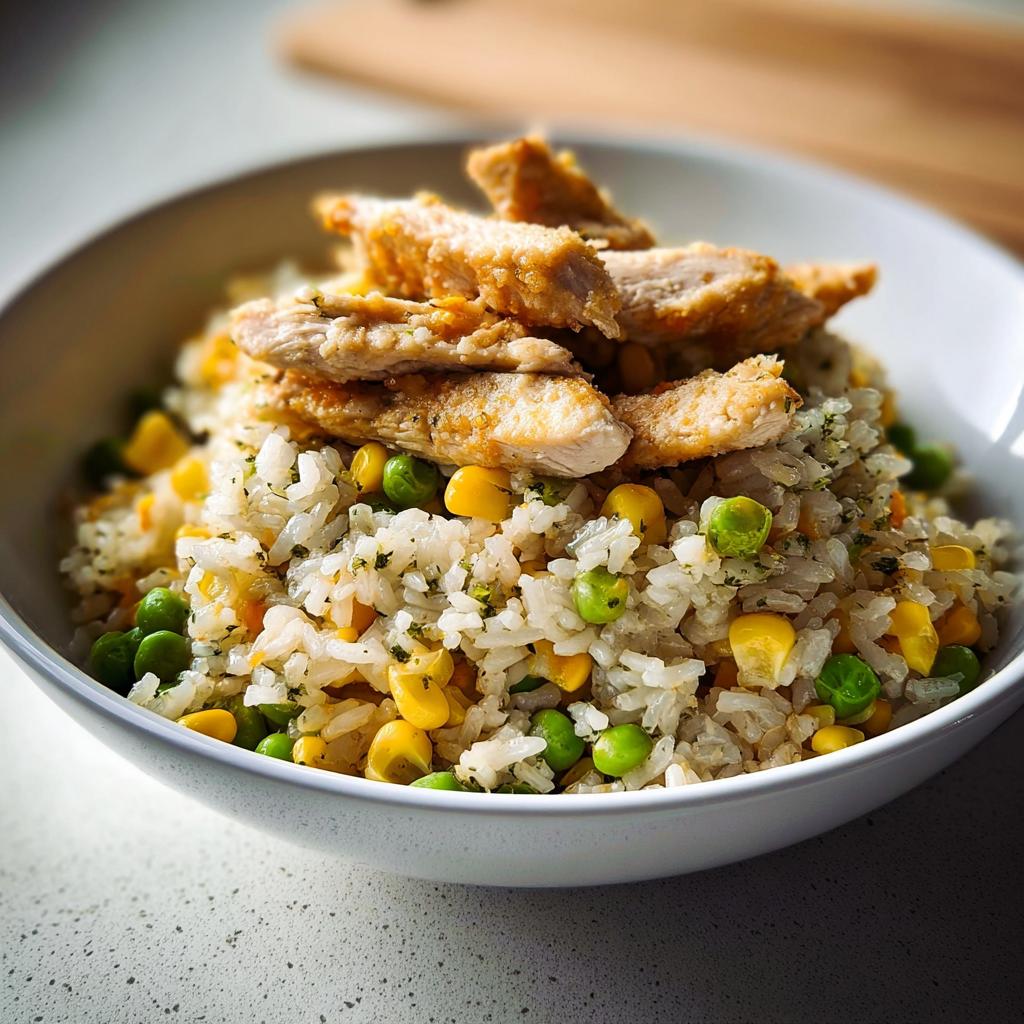 A white bowl filled with a Rice Bowls Recipe featuring white rice mixed with peas and corn, topped with sliced seasoned chicken strips.