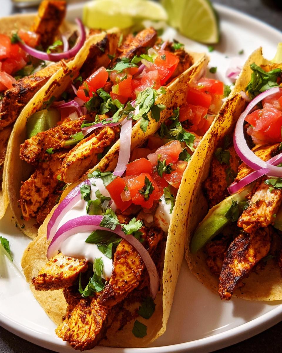 Close-up of seasoned chicken tacos filled with pico de gallo, sour cream, red onion, and avocado, perfect for Taco Tuesday Recipes Meal Prep.