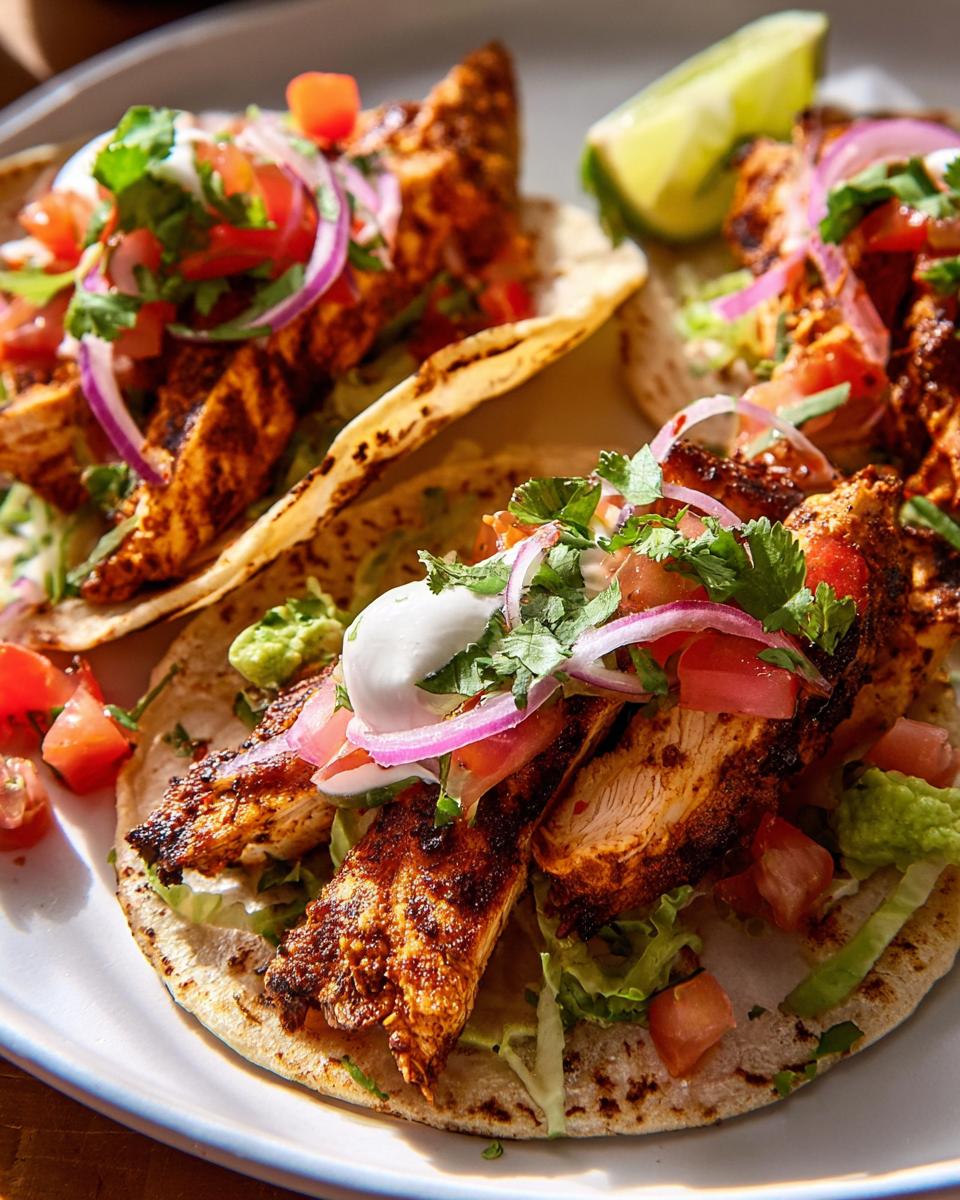 Close-up of seasoned chicken tacos topped with sour cream, red onion, and cilantro, perfect for Taco Tuesday Recipes Meal Prep.