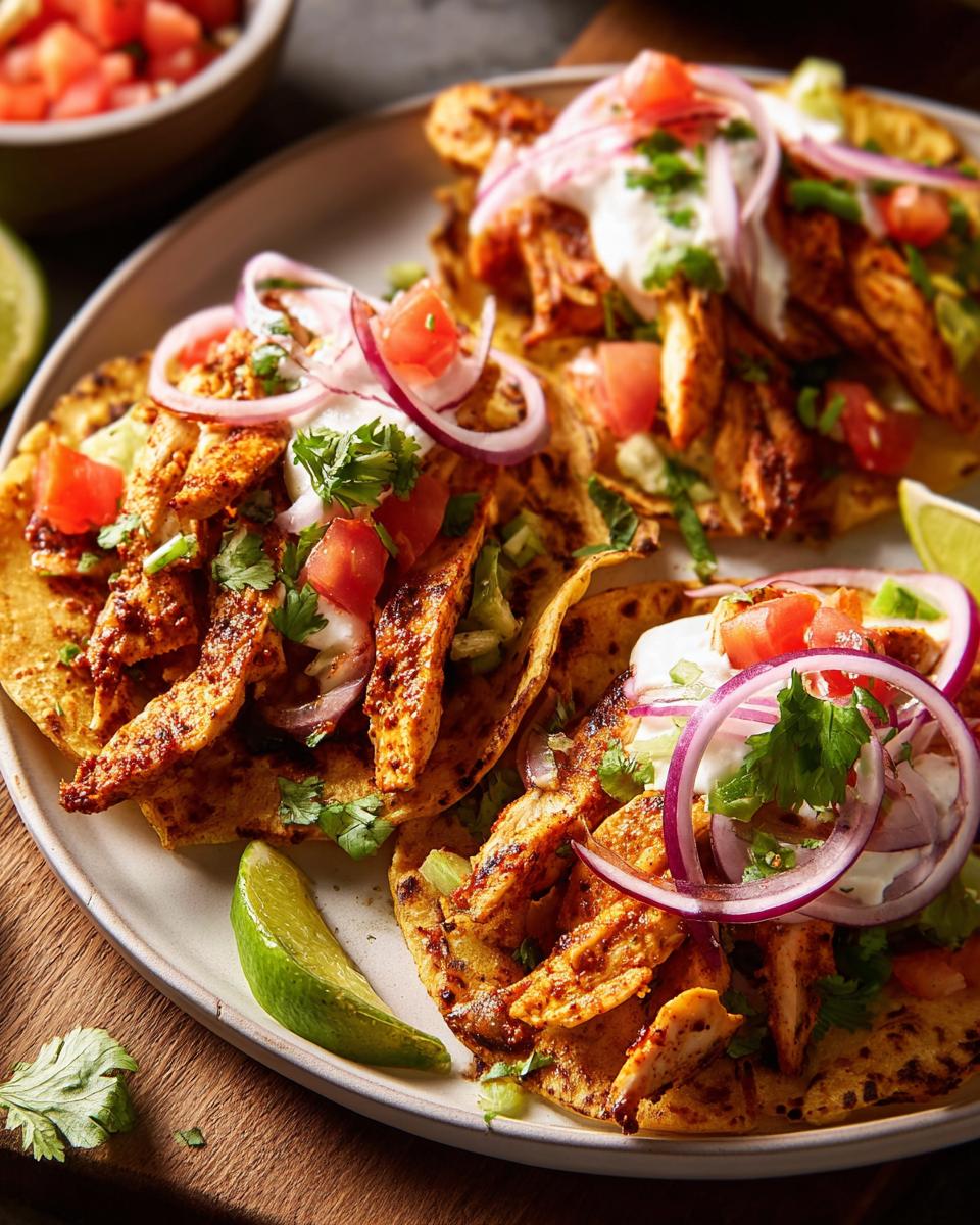 Close-up of three seasoned chicken tacos topped with sour cream, red onion, and tomato, perfect for Taco Tuesday Recipes Meal Prep.