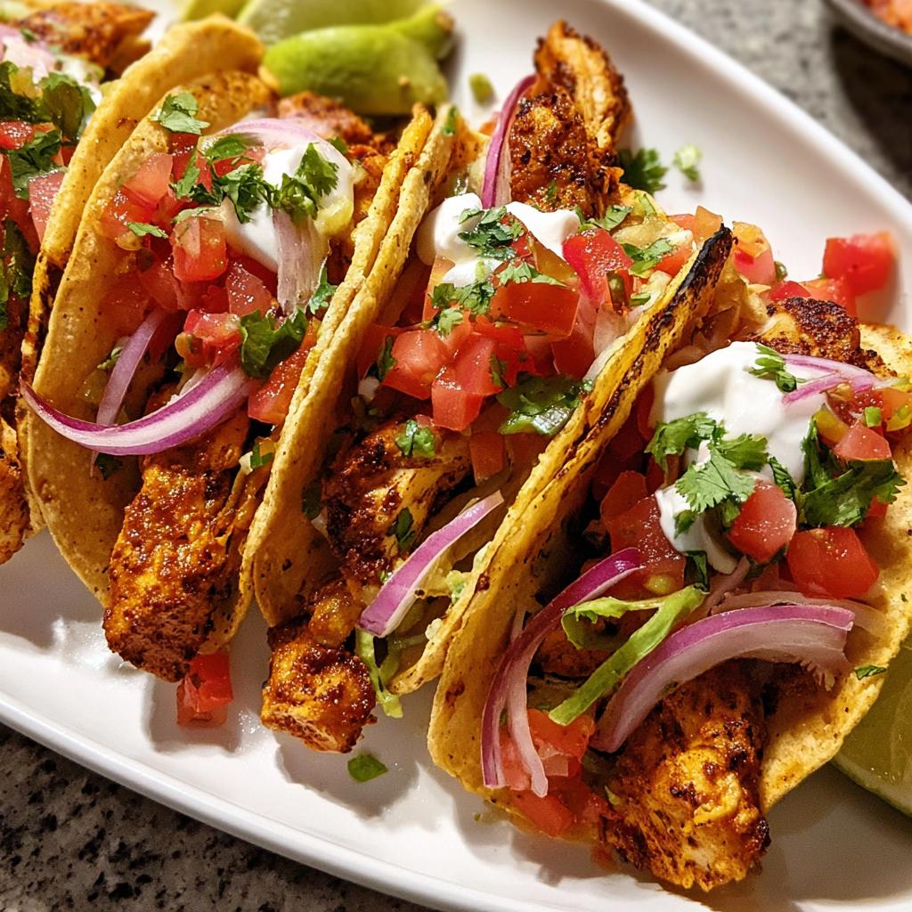A close-up of four perfectly assembled chicken tacos ready for Taco Tuesday Recipes Meal Prep.