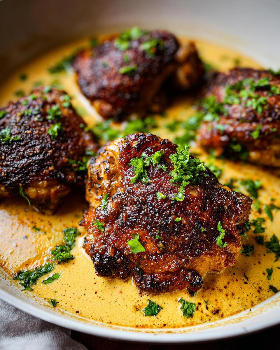 Four perfectly seared chicken thigh recipes in 20 minutes, resting in a rich, creamy sauce and topped with fresh parsley.