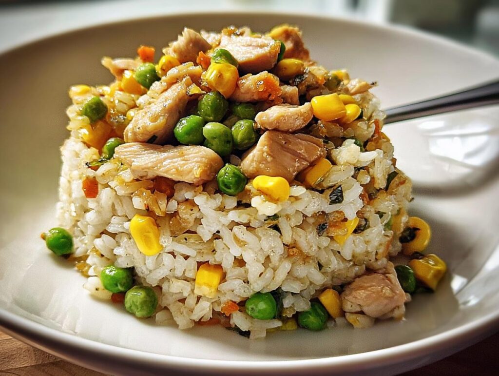 A molded serving of chicken and vegetable Rice Bowls Recipes, featuring white rice mixed with peas and corn.