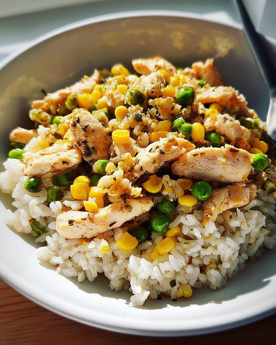 Close-up of a healthy chicken and vegetable Rice Bowls recipe featuring white rice, seasoned chicken strips, corn, and peas.
