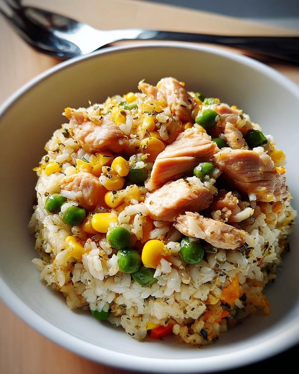 Close-up of a serving of chicken and vegetable Rice Bowls recipe, featuring rice, peas, corn, and chunks of chicken.