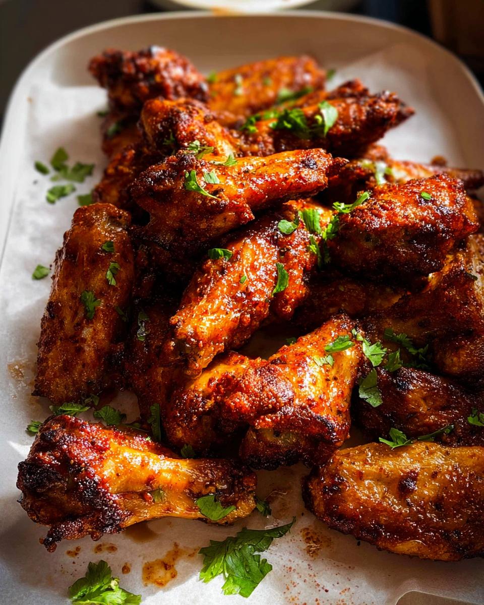 Close-up of crispy, saucy chicken wings recipe pieces garnished with fresh parsley on a white platter.