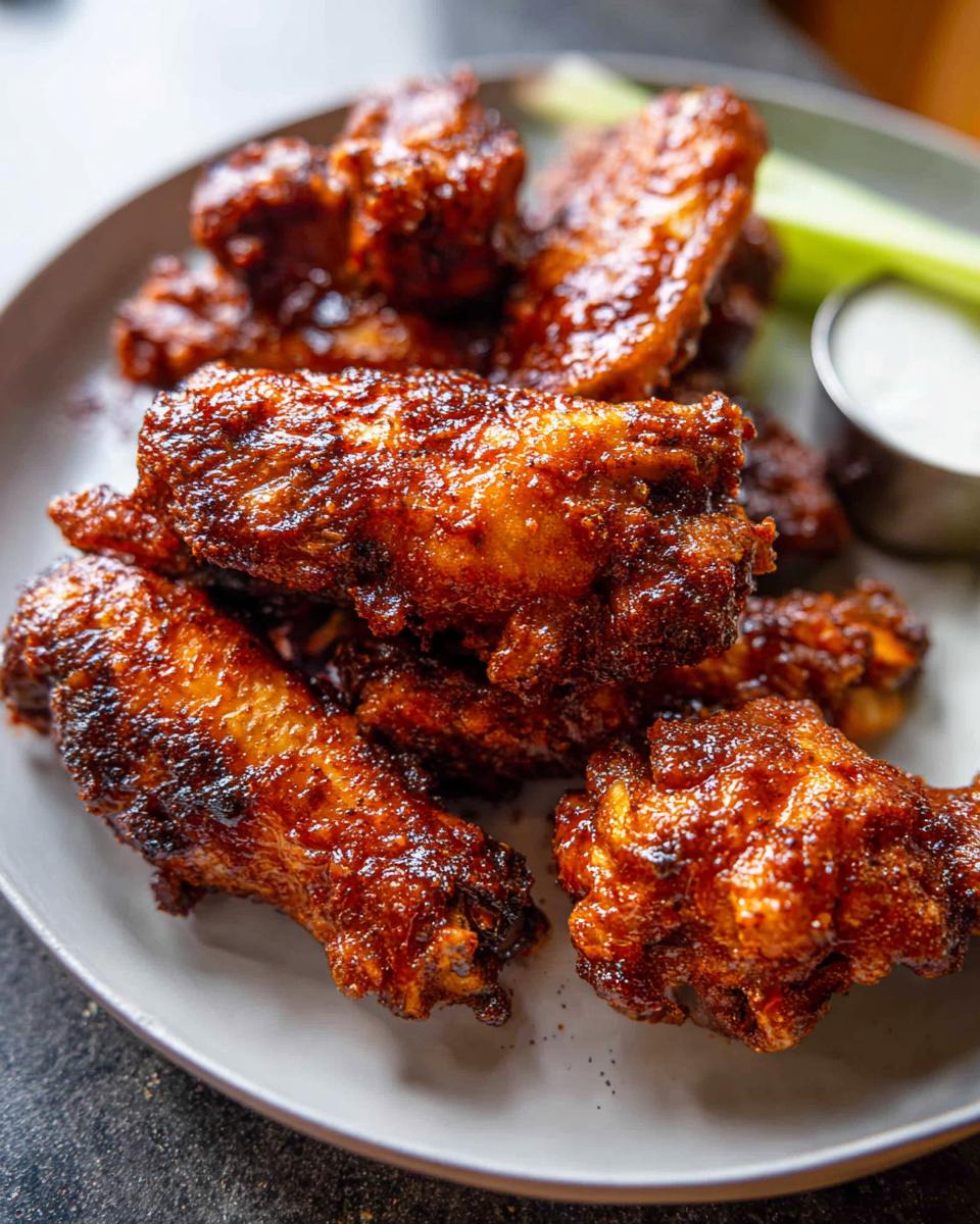 Close-up of sticky, glazed chicken wings served on a plate with celery sticks and dipping sauce.