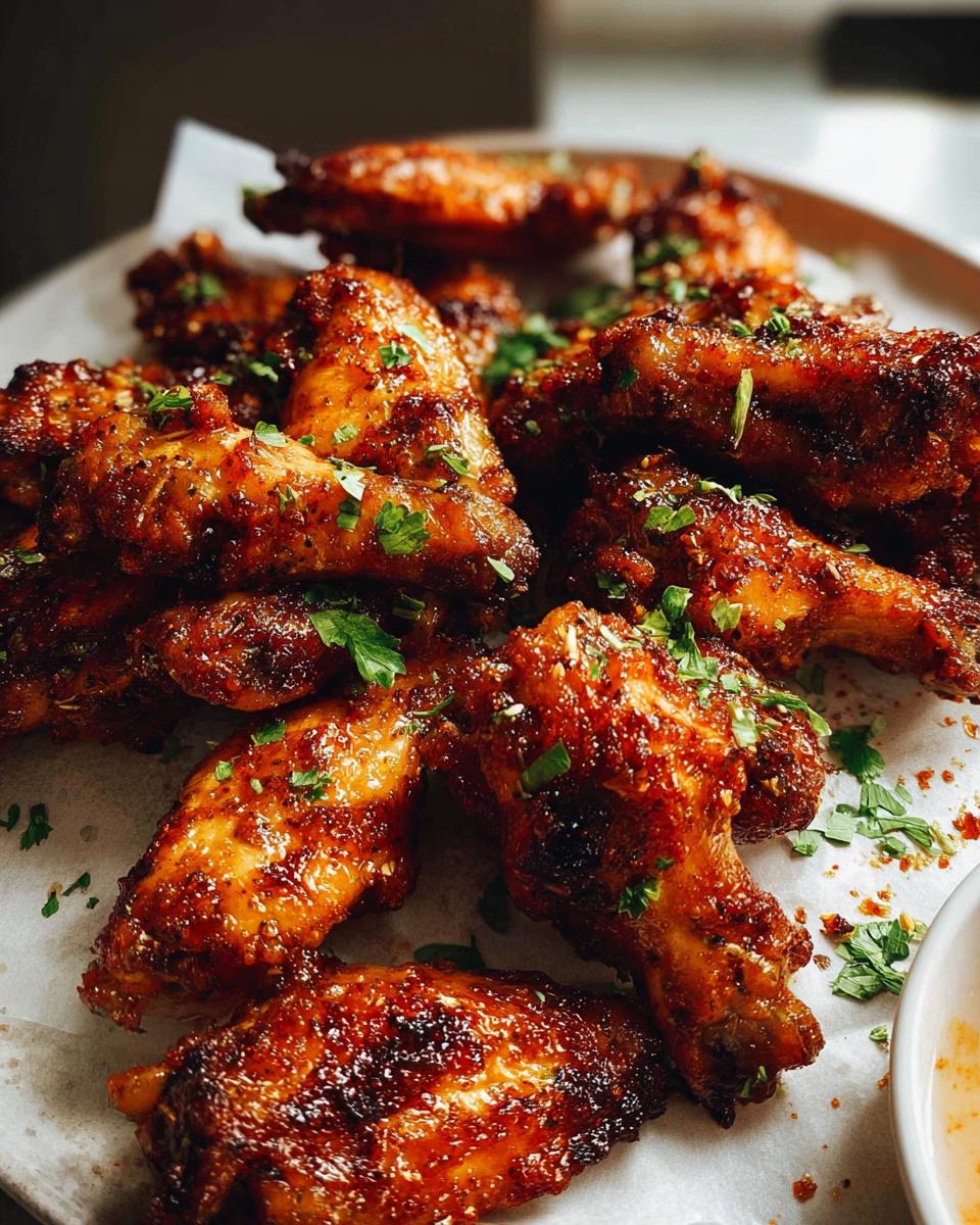 Close-up of glossy, caramelized chicken wings garnished with fresh parsley, ready to be served from The Only Chicken Wings Recipes Recipe.