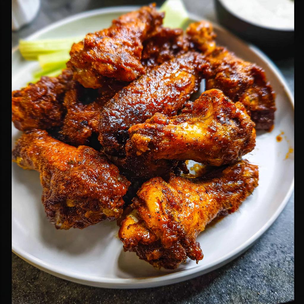 A plate piled high with crispy, glazed Chicken Wings Recipes, served with celery sticks.
