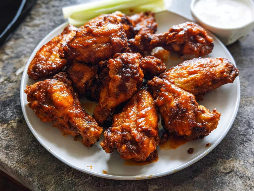 A plate piled high with saucy, glazed chicken wings, served with celery sticks and dipping sauce.